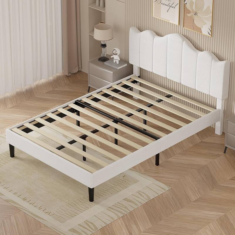 VECELO Modern Upholstered Platform Bed with Adjustable Headboard, Dark Blue/ White/ Grey/ Beige Bed Frames