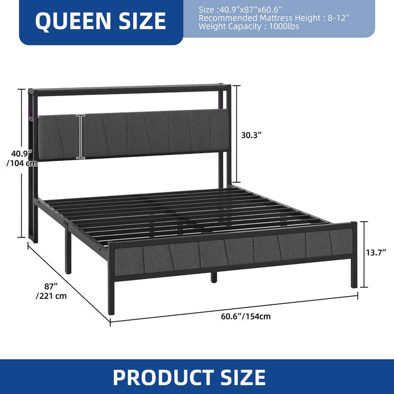 Storage Upholstered Platform Bed with LED Lighting Included and Built In USB Port