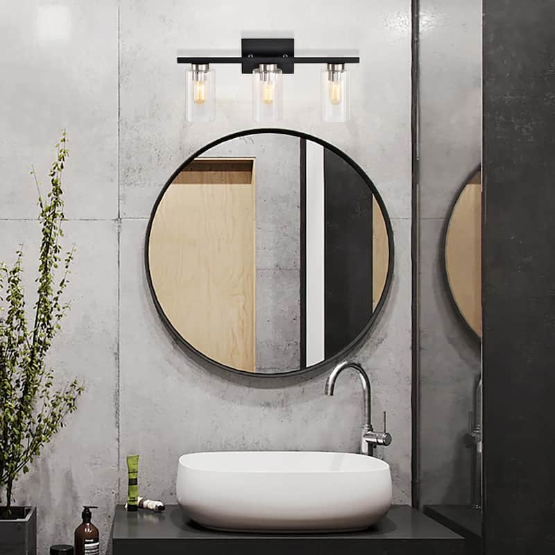 3-Light Black and Brushed Nickel Modern Vanity Light with Beveled Glass Shades - N/A