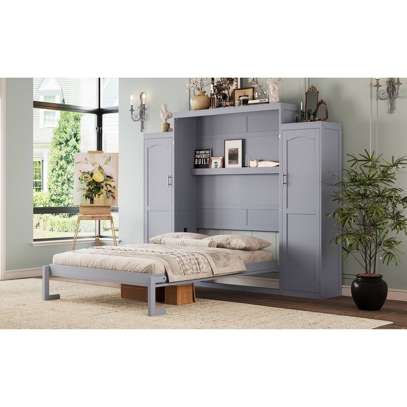 Space-Saving Queen Murphy Bed with Dual Wardrobes & Storage Shelf, Foldable Platform Bedframe for Guest Room or Bedroom, Gray