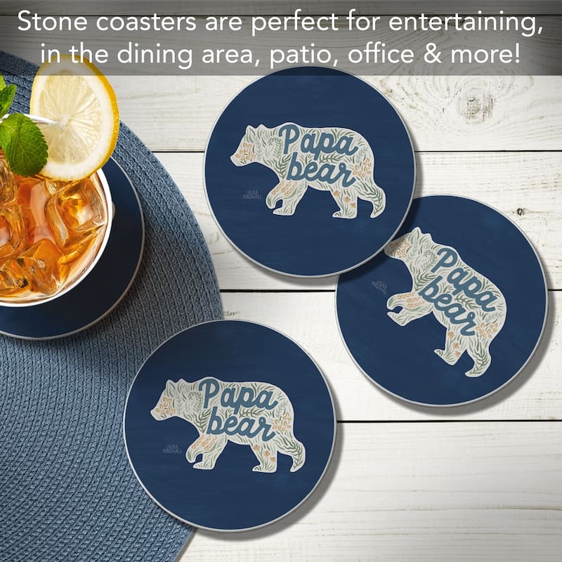 Papa Bear 4 Pack Absorbent Stone Coasters with Protective Cork Backing Made in The USA Absorbent Easily Wipes Clean