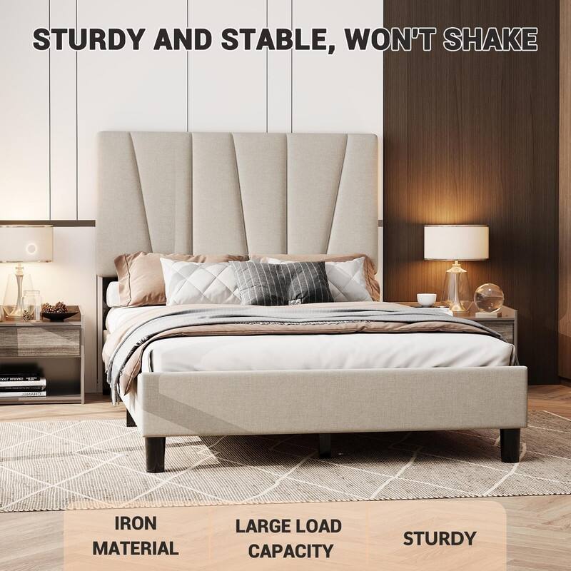 Upholstered Platform Bed with Adjustable Headboard and Slat Support