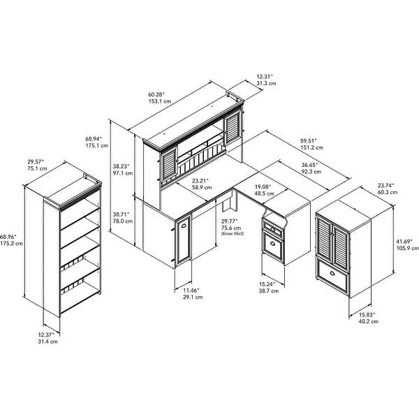 dimension image slide 1 of 6, L-shaped Desk/Hutch/Cabinet/Bookcase