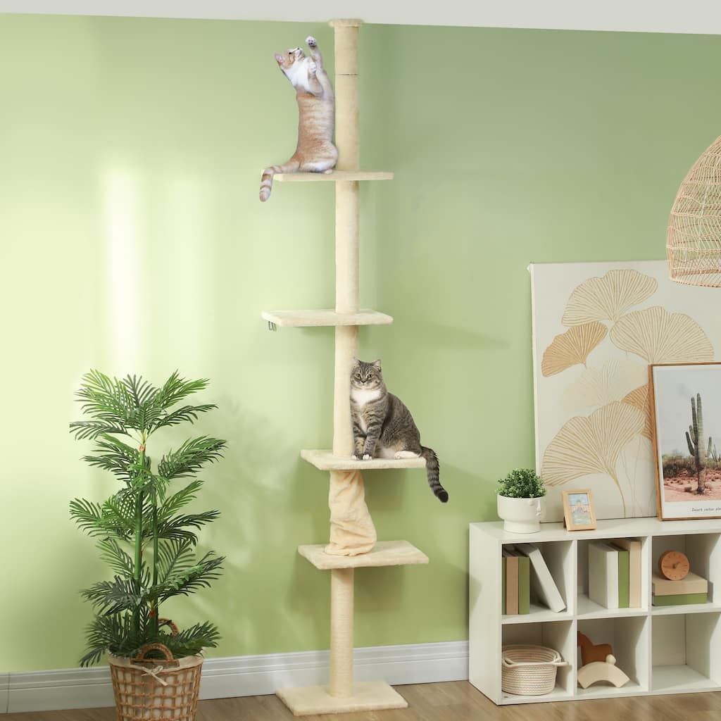 PawHut Floor to Ceiling Cat Tree, 89"-108" Cat Tower with Scratching Post, Hand Crank & Anti-Tip Kit, Indoor, White