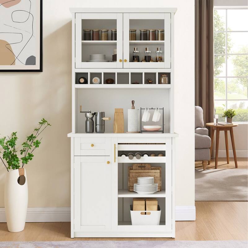 Farmhouse 74.8" Tall Kitchen Pantry with Hutch, Freestanding Kitchen Storage Solution for Modern Homes - White