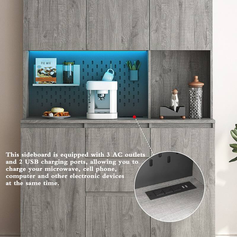 74" Modern Kitchen Pantry Cabinet with Charging Station and LED Lights
