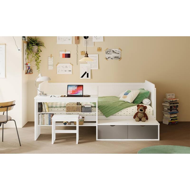 White Twin Size Multi-functional Daybed with Storage, Study Desk, and Stool