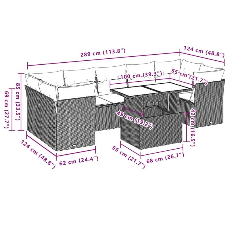 vidaXL 8 Piece Patio Sofa Set with Cushions Black/Brown/Gray Poly Rattan - 24.4 x 24.4 x 27.2