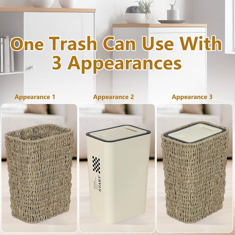 Trash Can with Lid 2.6 Gallon Small Rattan Press Top Slim Wicker 2 in 1 Waste Basket Hamper Seagrass for Bathroom Kitchen