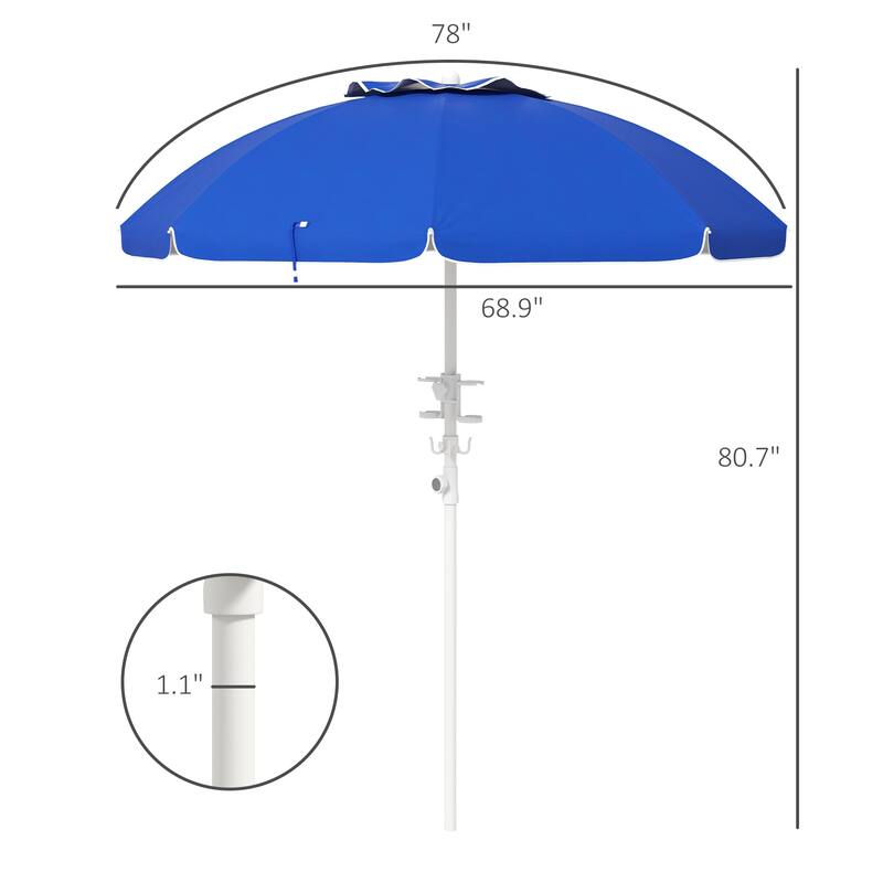 Outdoor Parasol Portable Beach Umbrella with Tilt, Adjustable Height 2 Cup Holders and Hook Ventilated Canopy, for Garden Pool