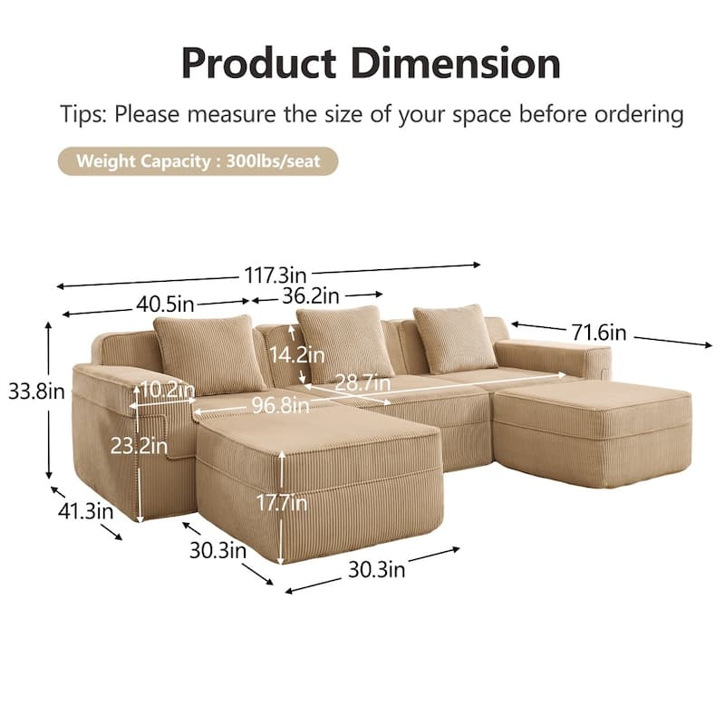 Modular 3-Seat Sectional Sofa with Throw Pillows and 2 Movable Ottomans