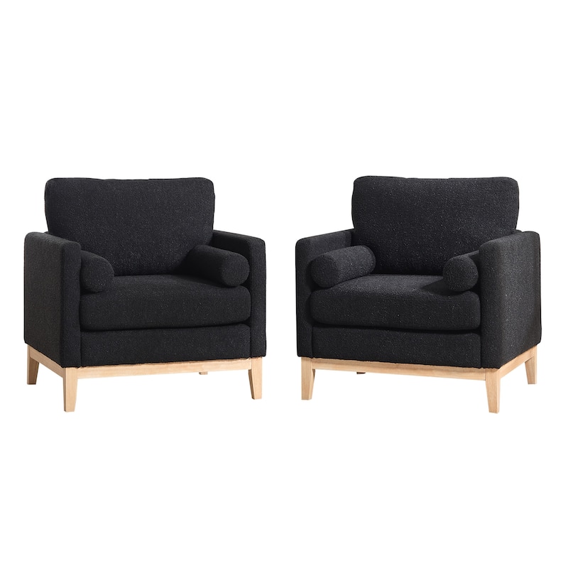 Boucle Modern Farmhouse Armchair with Natural Wood Legs, 2 Bolster Pillows & 300lb Weight Capacity