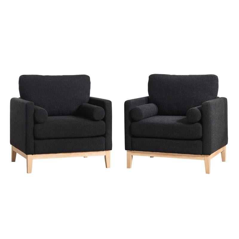 Roomfitters Boucle Accent Chair, Modern Farmhouse Armchair with Natural Wood Base and Bolster Pillows for Living Room or Office