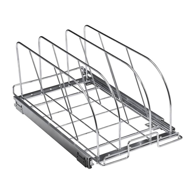 Chrome Plated Carbon Steel Expandable Pan and Pot Rack Tray Organization with 3-Section Ball-Bearing System
