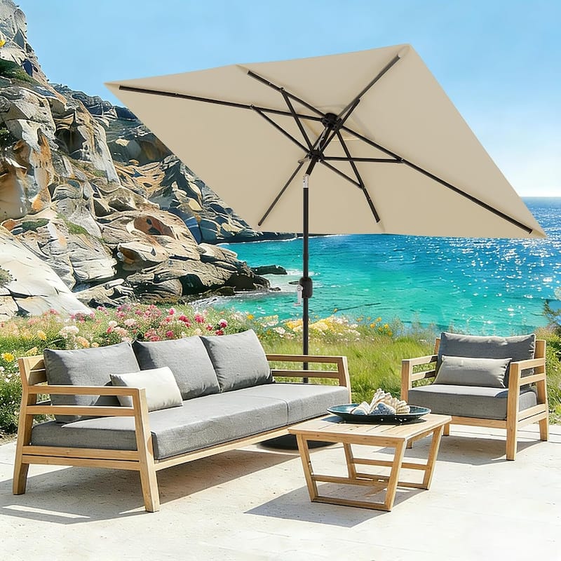 10' x 6.5' Solar Patio Umbrella with Crank and Push Button Tilt for Garden, Deck, Lawn, Pool (No Base) - Beige