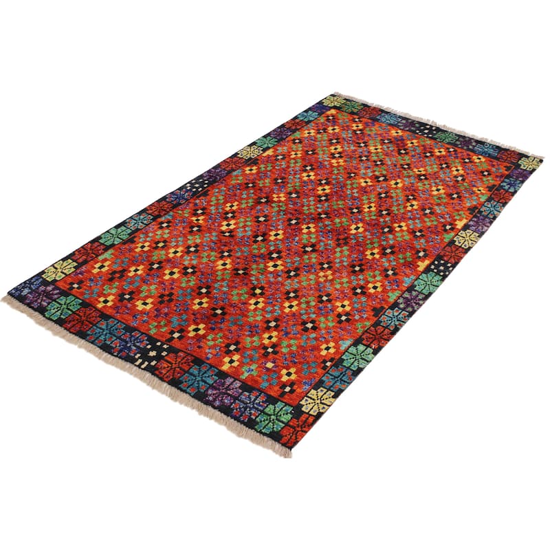 Eclectic Balochi Peters Orange/Black Hand Knotted Wool Rug - 3'4'' x 4'9''
