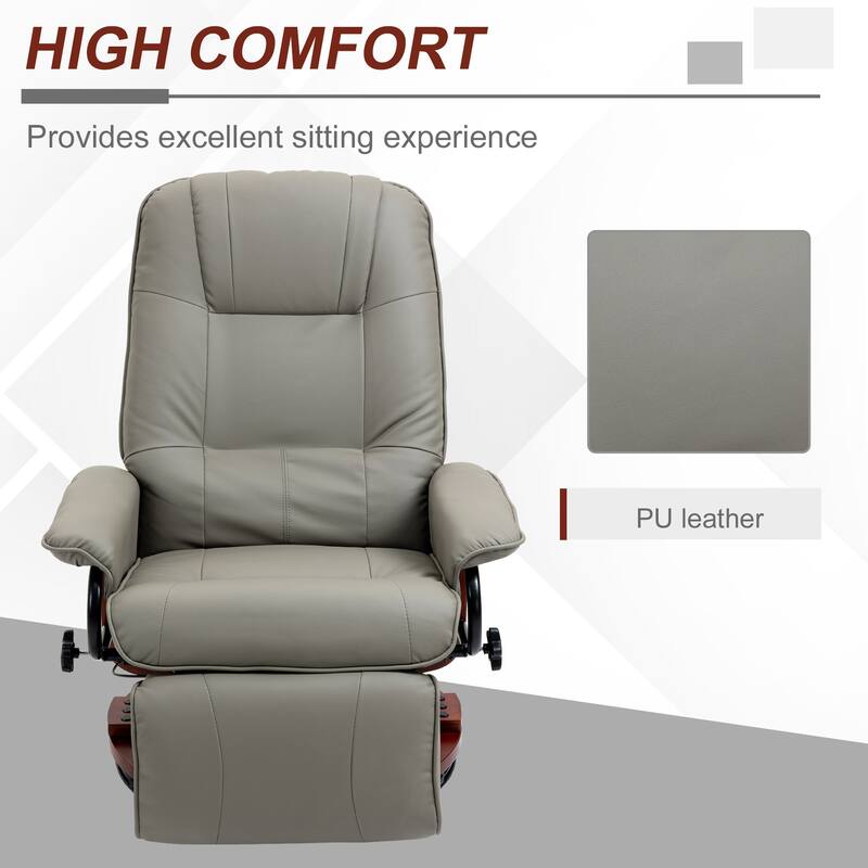 Gray PU Leather Swivel Recliner with Overstuffed Padding, Extendable Footrest & 145° Recline - 30.75" W x 34.25" D x 39.25" H
