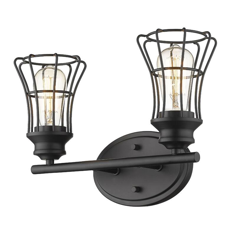 Matte Black 2-Light Vanity Wall Sconce with Cage Shade and Hardwired Fixture for Damp Areas for Bathroom or Hallway