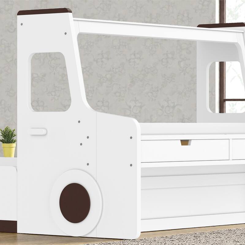 Kids Car Floor Bed with Storage Drawers and Desk, Car-Shaped Wood Floor Bed with Window, Twin Full Sizes