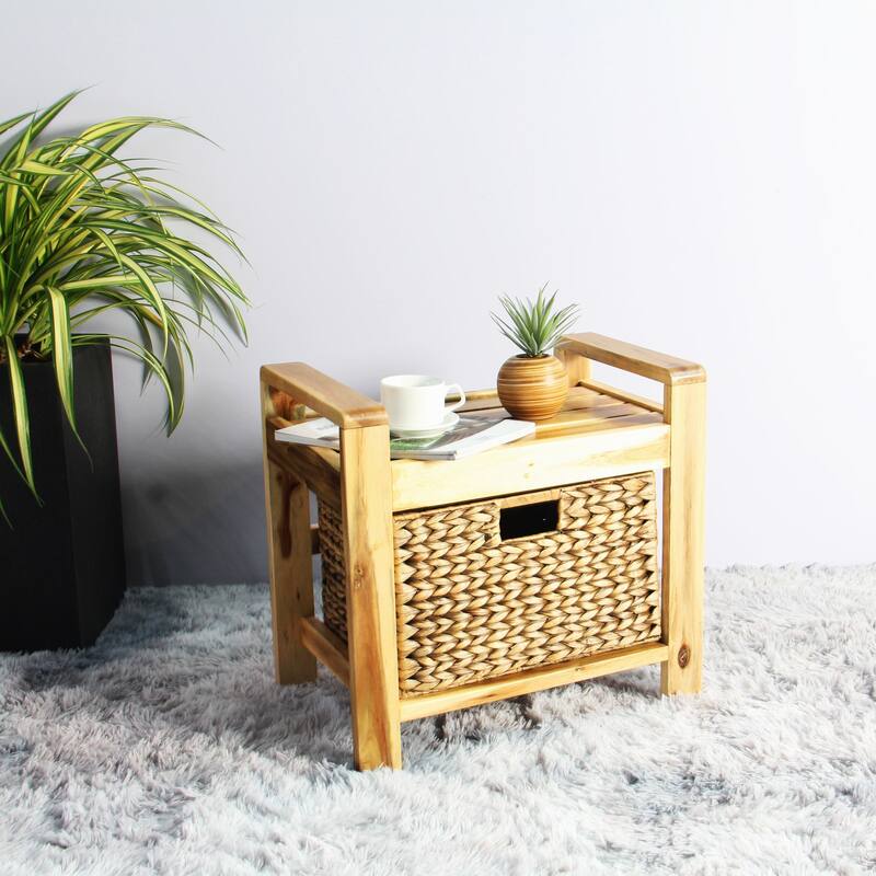M4H Brae Solid Wood Natural Water Hyacinth Basket Storage Ottoman