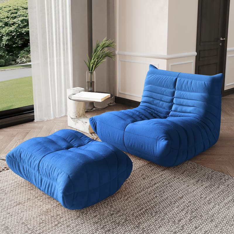 Teddy Fabric Floor Lazy Sofa Bean Bag Lounge Chair with Ottoman for Living Room - Blue