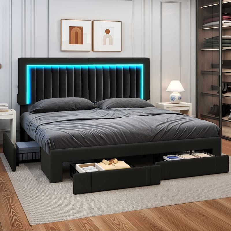 Velvet Upholstered Platform Bed Frame with Adjustable Headboard and 4 Storage Drawers & RGB LED Lights