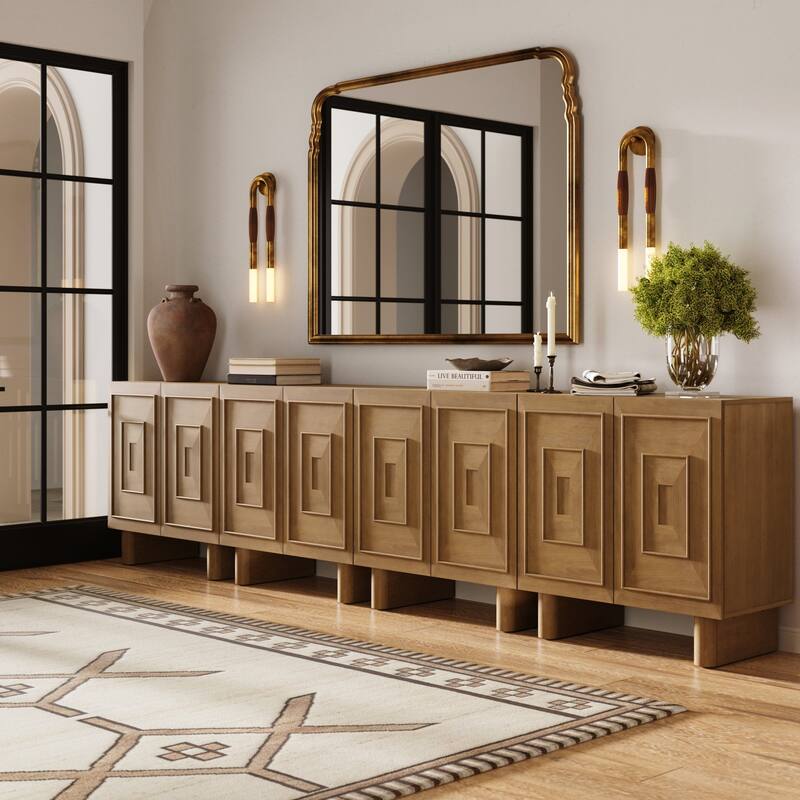 Austin Mid Century Modern Solid Wood Bar Cabinet or Dining Room Buffet with Geometric Doors - Set of 4