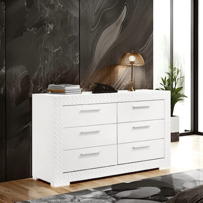 Ivon Wide Dresser, 6 Drawers, Modern Glossy White Solid Hardwood