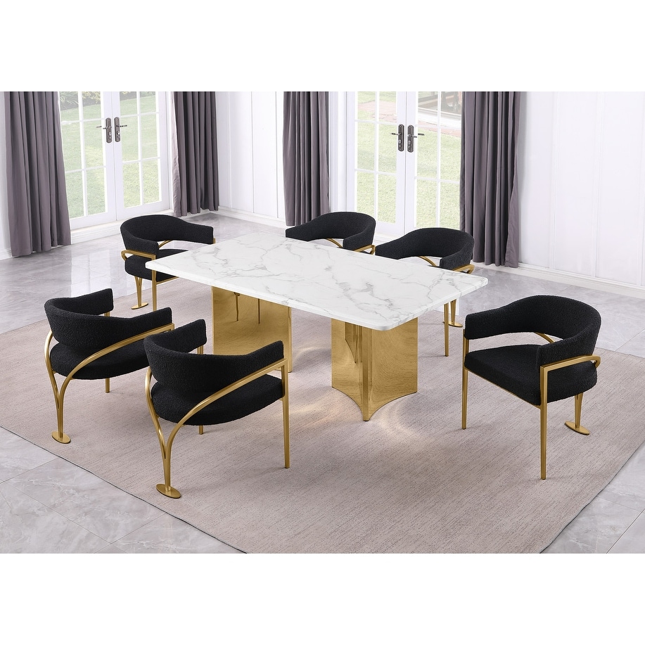 Best Quality Furniture White Marble 7pc Dining Set Boucle Fabric