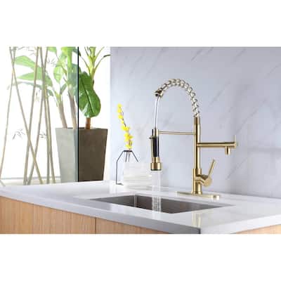 brushed gold high arc kitchen sink faucet pull down metal sprayer with deck plate and lock ring - 7'9" x 10'10"
