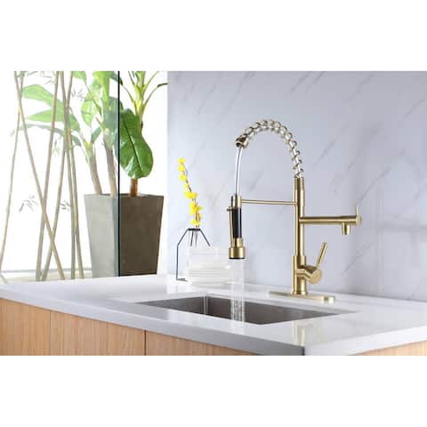 brushed gold high arc kitchen sink faucet pull down metal sprayer with deck plate and lock ring - 7'9" x 10'10"