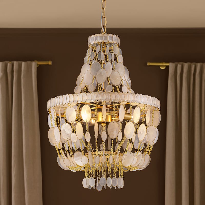 Rennnsan 3-Light Bohemian Coastal Capiz Shell Chandelier for Soft Glow ...