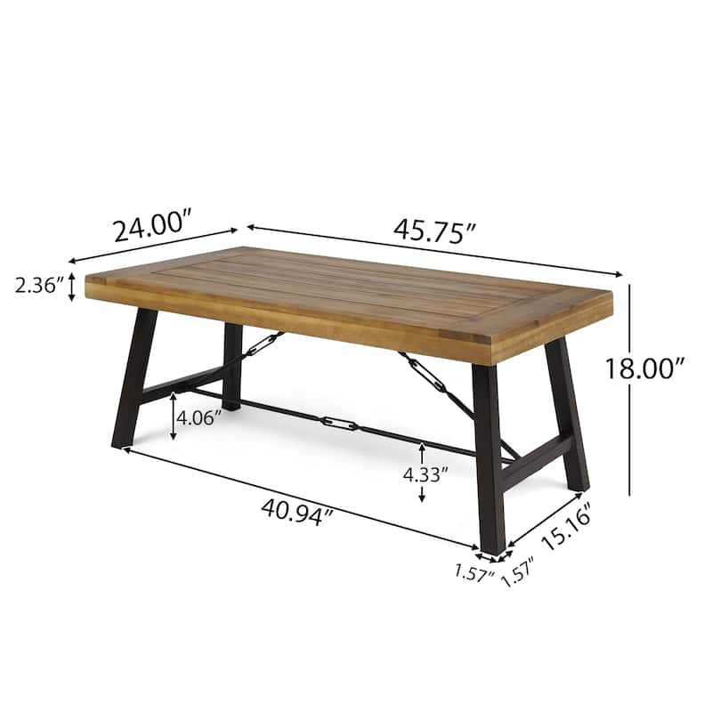 Outdoor Acacia Wood Coffee Table, Teak Finish / Rustic Metal Brown and Black, 27.25"D x 45.75"W x 18"H
