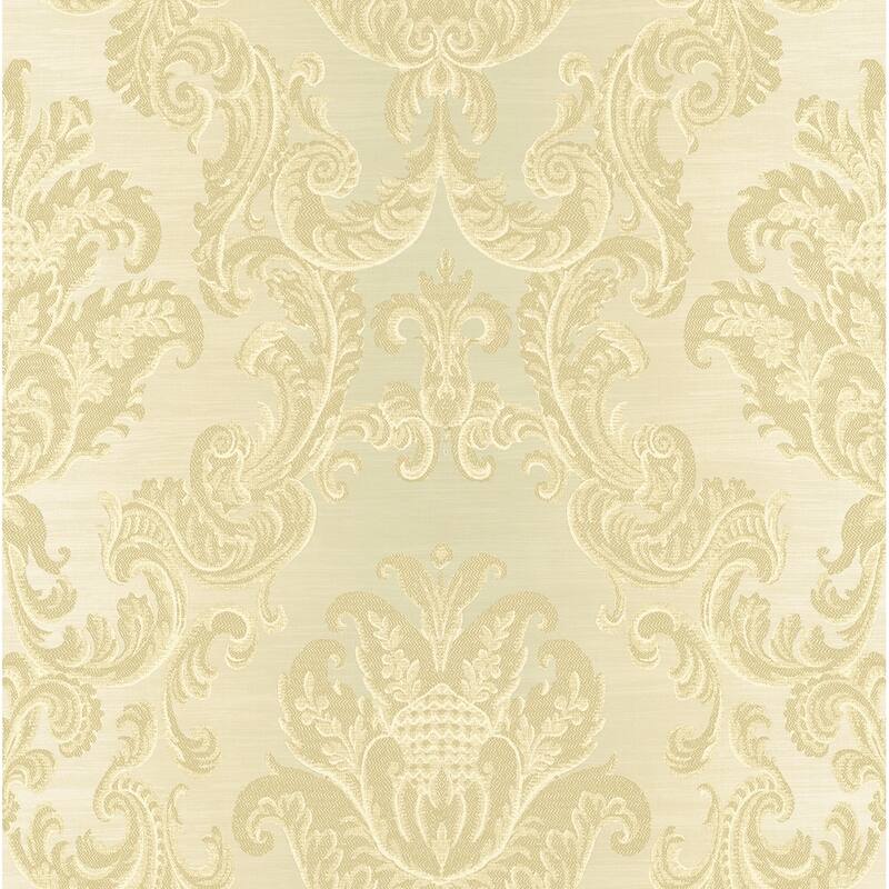 Seabrook Designs Woodcroft Damask Unpasted Wallpaper - 20.5 in. W x 33 ft. L - Metallic Khaki & Beige