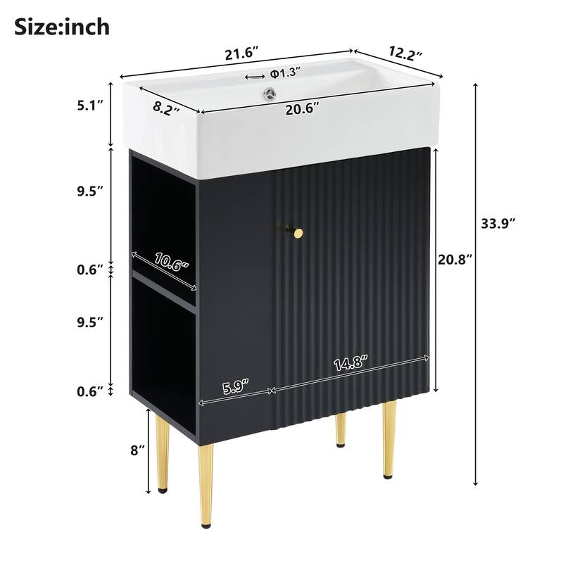 21.6" Bathroom Vanity With Combo Cabinet, Bathroom Storage Cabinet Featuring Single Ceramic Sink And Left Side Storage