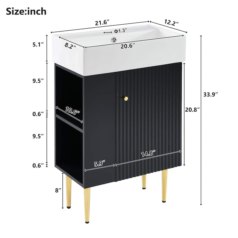 21.6" Bathroom Vanity with Sink, Left Side Storage Pocket, Ceramic Basin, Gold Legs, Modern Freestanding Cabinet