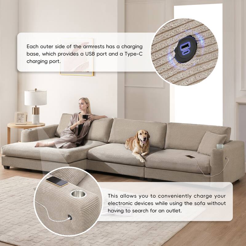 Spacious 4-Seater Corduroy Cloud Couch with Chaise, USB Charging Ports, and Cup Holders