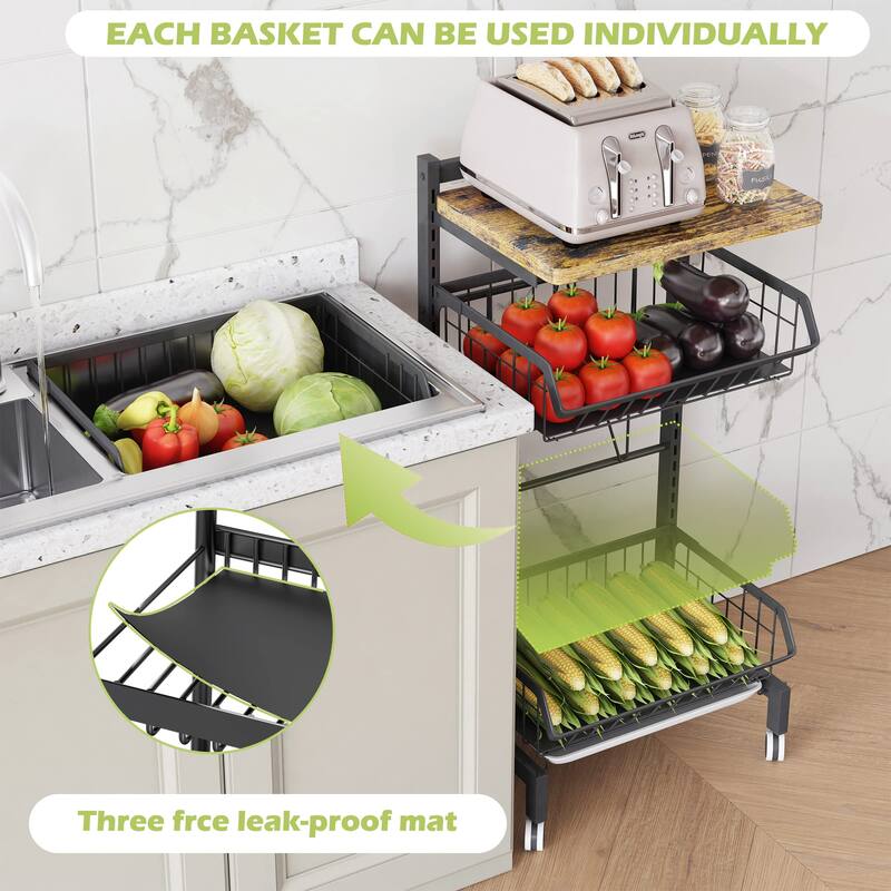 Fruit Basket 4-Tier Adjustable Fruit Vegetable Basket Cart Metal Wire Storage Cart Rolling Pantry Utility Kitchen Cart