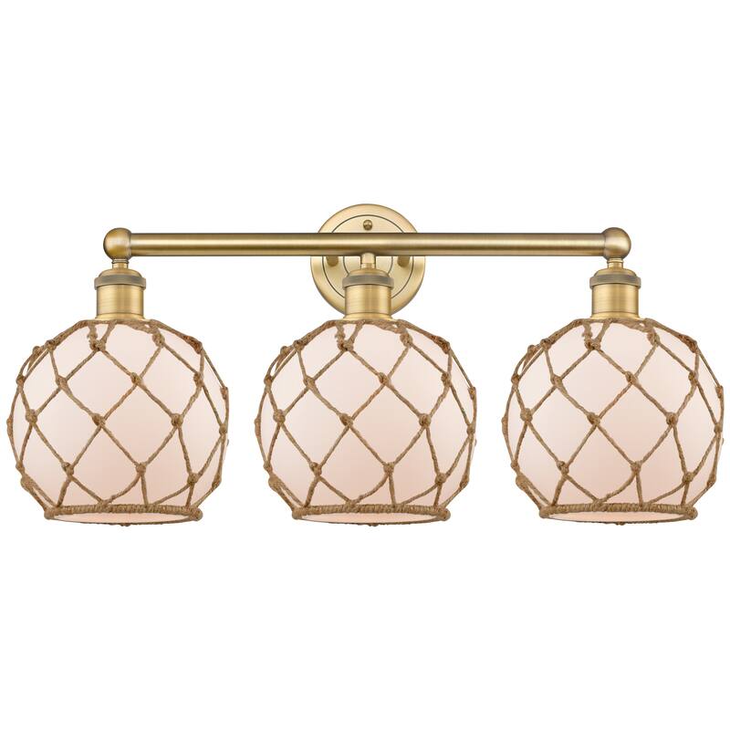 Innovations Lighting Endless Possibilities Edison - Farmhouse Rope - 3 Light 26" Bath Vanity Light - White Glass with Brown Rope/Brushed Brass