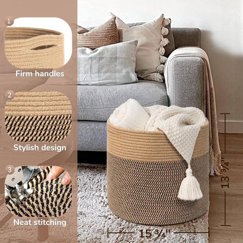 Large Cotton Rope Basket, Blanket Basket Living Room 15.8"x15.8"x13.8" Baby Toy Storage - 15.8"L x 15.8"W x 13.8"H