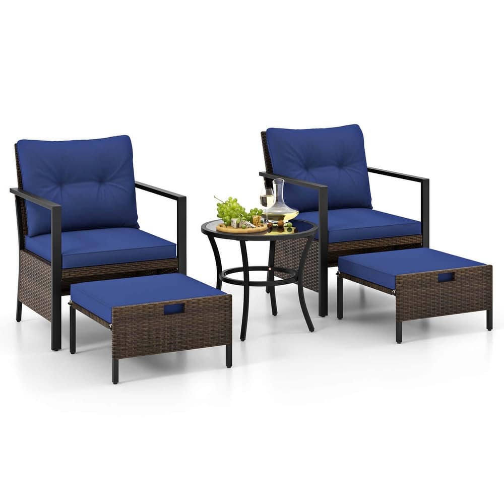 Gymax Set of 5 Furniture Set Rattan Chairs & Ottomans w/ Glass Topped