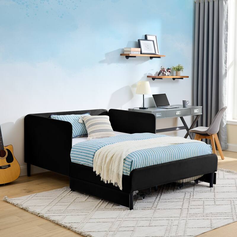 Full Size Upholstered Platform Bed Frame with 2 Storage Drawers, Adjustable Velvet Sofa Bed, Black