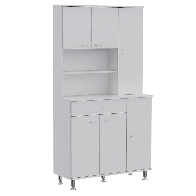 Kitchen Pantry Cabinet, Two Open Shelves, One Drawer, Multiple Cabinets