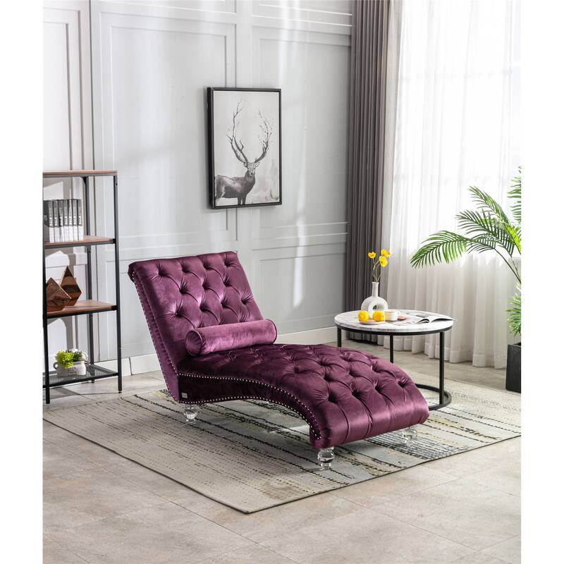 Leisure Concubine Sofa with Acrylic Feet, Traditional Chaise Velvet Barrel Sofa with Lumbar Support Pillow for Living Room - Purple