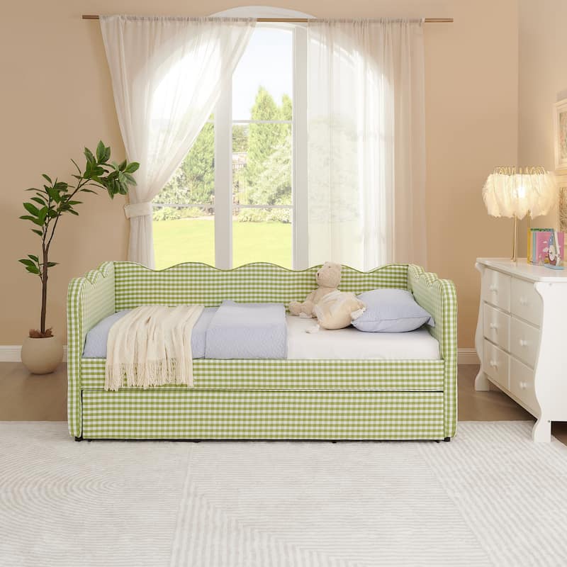 Linen Fabric Gingham Daybed with Trundle, Twin Size Sofa Bed with USB Port and Adorable Wave Shaped Headboard - Green - Twin
