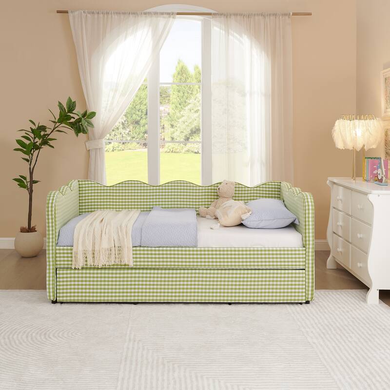 Twin Gingham Daybed with Trundle - USB Ports, Wave Design, Linen Fabric, No Box Spring