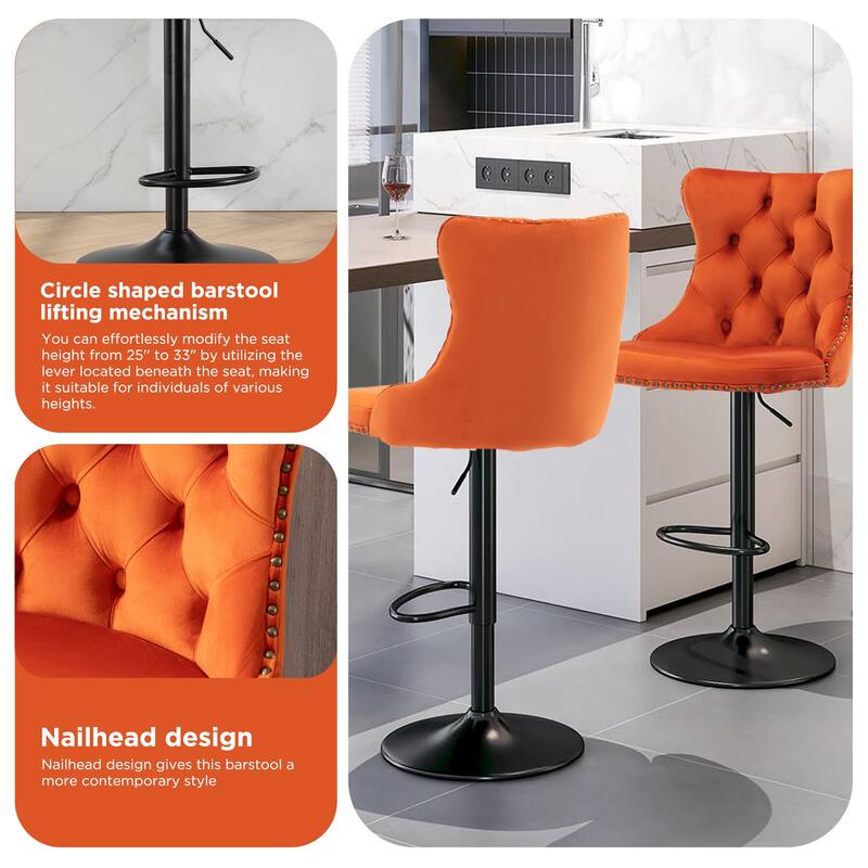 Velvet Adjustable Swivel Counter Height Barstools Set of 2