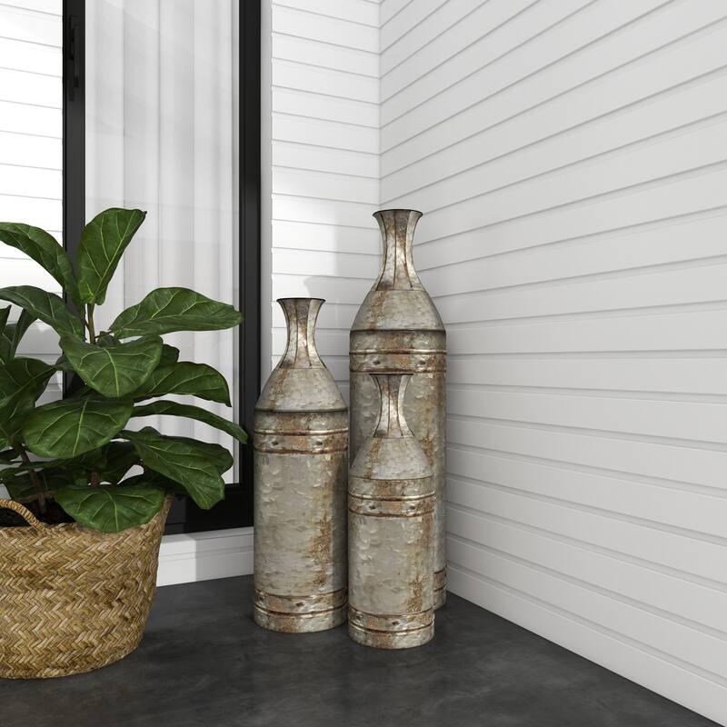 Gray Metal Handmade Tall Galvanized Floor Decorative Vase with Studs (Set of 3)