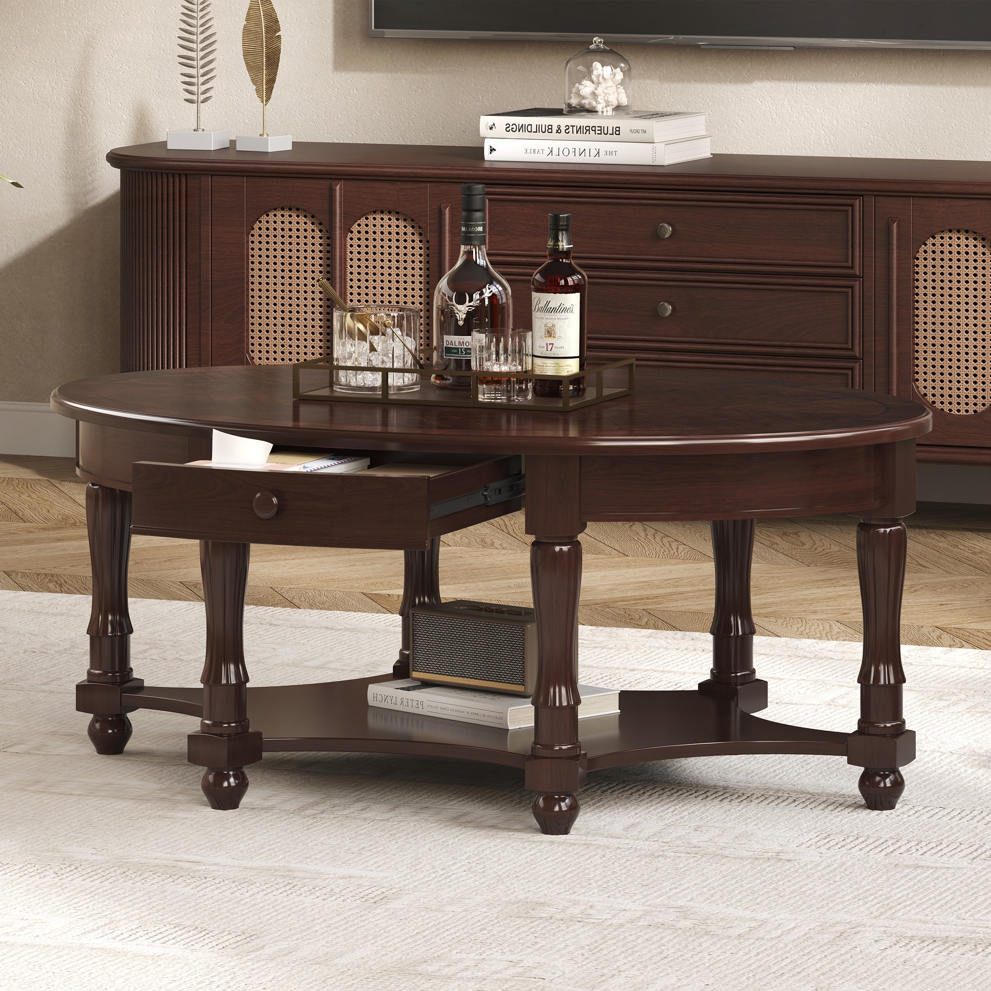 Vintage Oval Coffee Table with Drawer and Storage Shelf