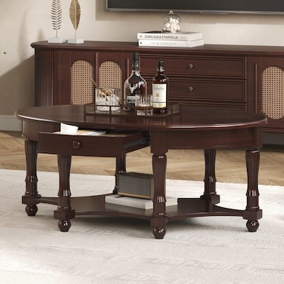 Vintage Oval Coffee Table with Drawer and Storage Shelf